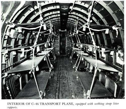 Interior of C-46 transport plane equipped with webbing strap litter supports (US Army Medical Department, Office of Medical History)