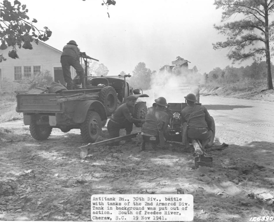 US 30th Division in Army maneuvers, Cheraw, South Carolina, 19 Nov 1941 (US Army photo)