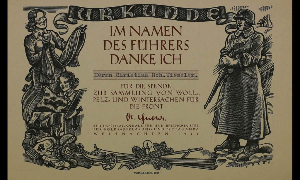 Certificate for participating in German winter clothing collection, December 1941