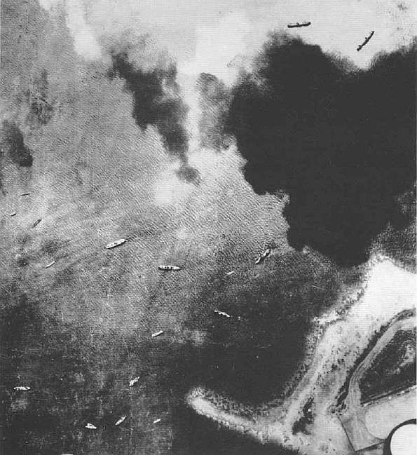Japanese fleet at Truk, preparing for the invasion of Rabaul, photographed by an RAAF Hudson, 9 January 1942 (Royal Australian Air Force photo)