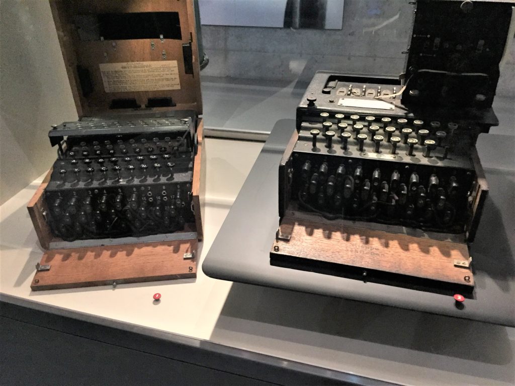German Enigma code machine captured from U-505, Chicago Museum of Science and Industry (Photo: Sarah Sundin, September 2016).