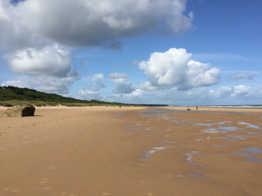 Omaha Beach at low tide, looking west, near Colleville-sur-Mer, France, September 2017 (Photo: Sarah Sundin)