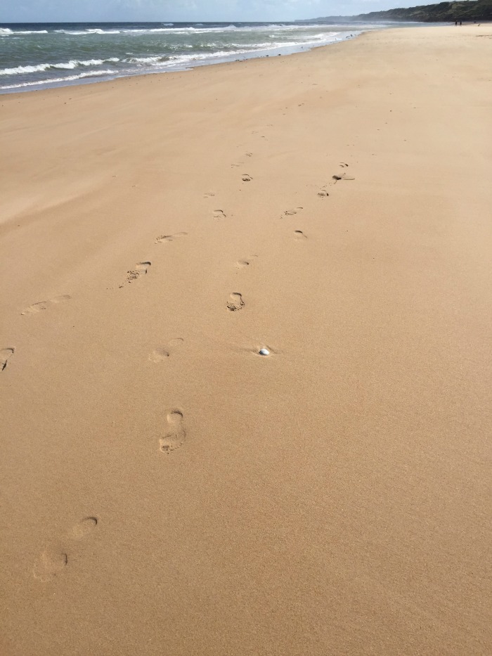 Footprints my husband and I left on Omaha Beach, near Colleville-sur-Mer, France, September 2017 (Photo: Sarah Sundin)