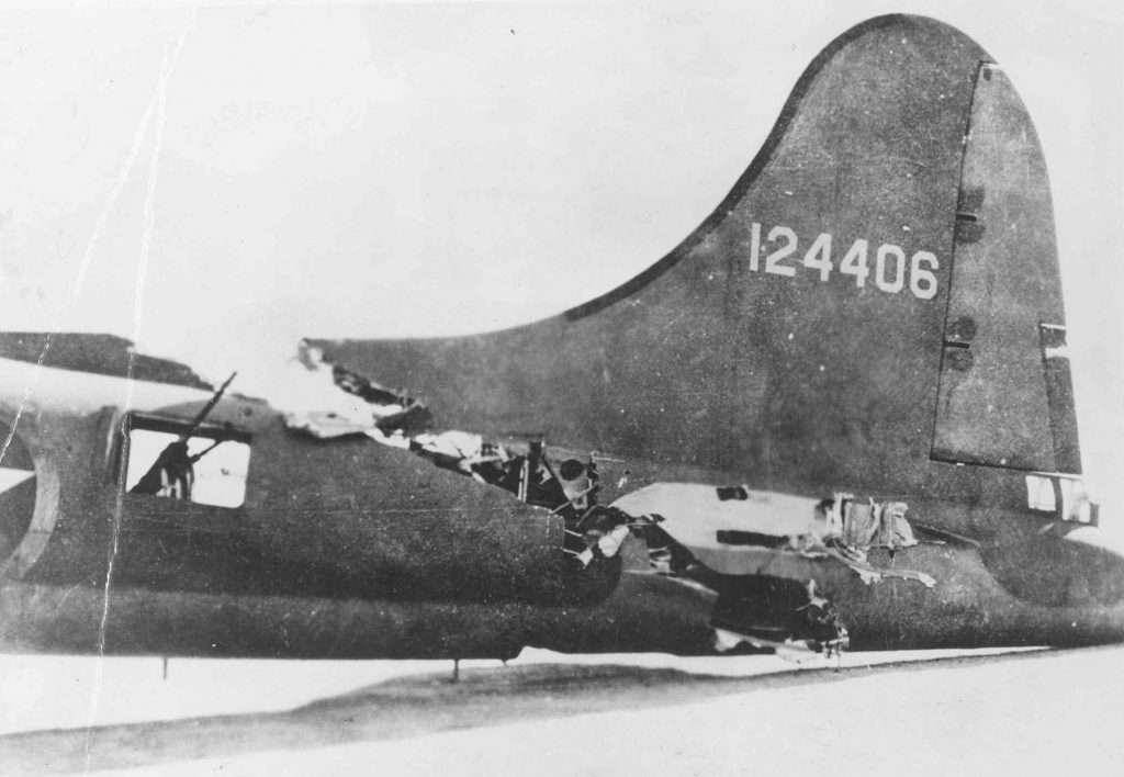 All-American, a B-17F almost severed in half by a collision over Tunisia. The pilot compensated for the lost and damaged controls and brought the plane home. Miraculously, even the tail gunner survived. (US Air Force photo)