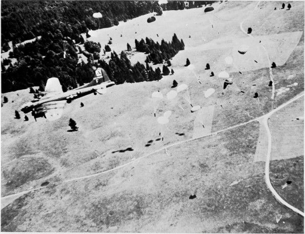 B-17 of US 94th Bomb Group drops supplies to French Resistance in Vercors region, 14 July 1944. (USAAF photo)