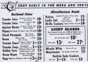 Safeway ad from the Antioch Ledger, 1943, showing ration points for each item