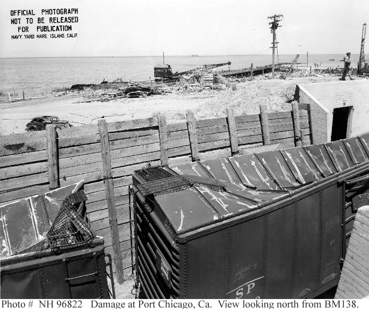 Damage to rail cars at US Naval Magazine, Port Chicago from 17 July 1944 explosion (US Naval History and Heritage Command)