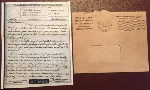 A V-Mail received in California during World War II. Note smaller size in relation to envelope. Read more: "Victory Mail in World War II" on Sarah Sundin's blog