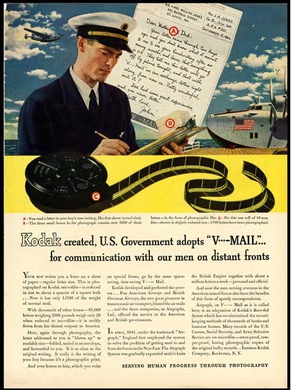 Kodak advertisement explaining how they provided the key equipment used to reduce V-Mail to 16 mm microfilm for speedy air transport, WWII