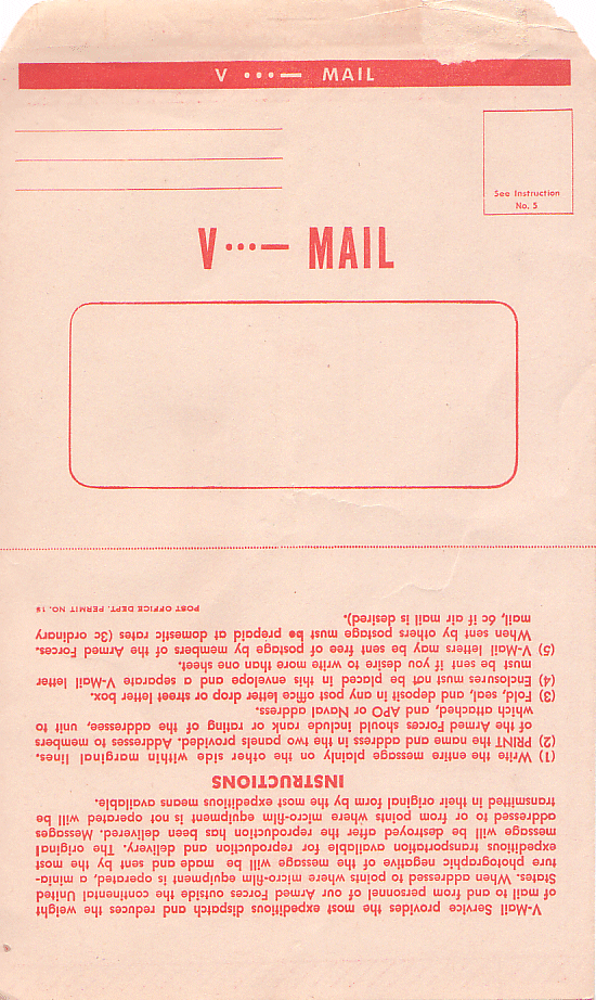 V-Mail envelope, World War II. Read more: "Victory Mail in World War II" on Sarah Sundin's blog.