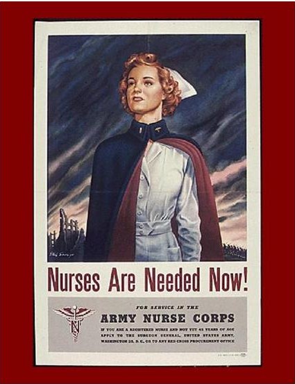 US Army Nurse Corps recruiting poster, WWII, showing the white ward dress, and the blue-and-maroon cape.