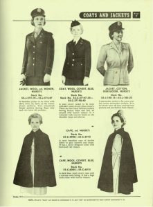 US Army Quartermaster supply catalog QM 3-2, 7 October 1943, showing the olive drab and blue dress uniforms, the seersucker uniform, the white ward dress, and the cape (Source: US Army Service Forces)