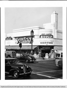 Sontag Cut Rate Drug Store at 5401 Wilshire Boulevard at the corner of Wilshire and Cloverdale, Los Angeles, CA, 1941 (California Historical Society via USC Digital Library)