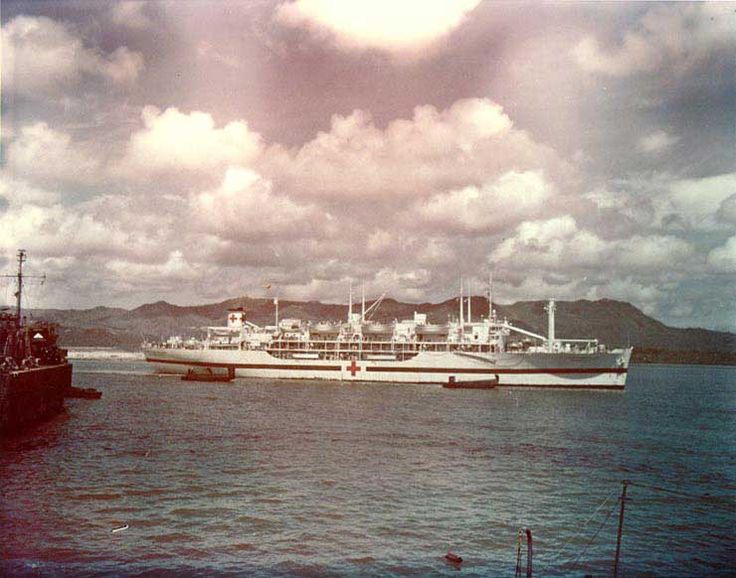 Hospital ship USS Tranquillity arriving at Guam with survivors of sinking of USS Indianapolis, 8 Aug 1945. (US National Archives)