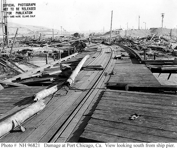 Damage on docks at US Naval Magazine, Port Chicago from 17 July 1944 explosion (US Naval History and Heritage Command)