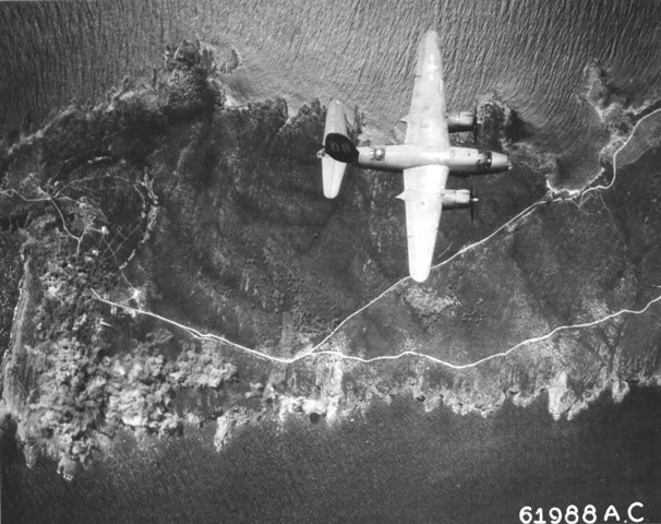B-26B Marauder of the 441st Bomb Squadron (US Twelfth Air Force) over Île du Levant, France south of St. Tropez on raid to bomb gun installations, 4 Aug 1944 (US National Archives)