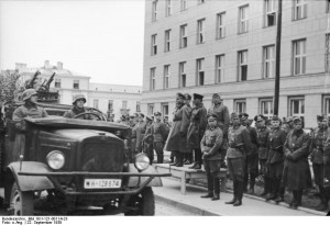 German Lt. Gen. Heinz Guderian and Russian Brig. Gen. Semyon Krivoshein in victory parade in Brest-Litovsk, Poland, 22 Sept 1939 (German Federal Archive, Bild 101I-121-0011A-23)