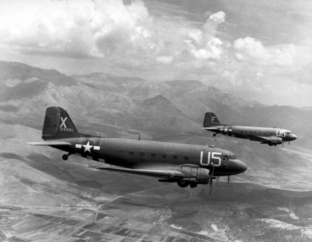 C-47 Skytrains of the US 81st Troop Carrier Squadron loaded with paratroopers on their way for the invasion of southern France, 15 Aug 1944 (US National Archives)