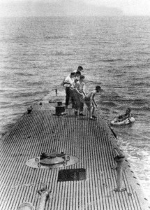 Crew of USS Finback pulling downed airman Lieutenant (jg) George Bush from the water off Chichi Jima, Bonin Islands, 2 Sep 1944 (Photo: George Bush Presidential Library and Museum)