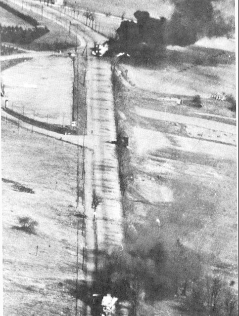 US fighters strafing German motor transport in France, 1944 (US Army Air Force photo)