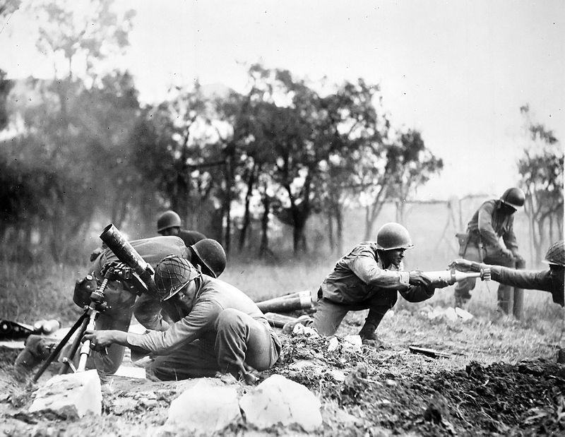 Troops of the US 92nd Infantry Division firing mortars, Massa, Italy, November 1944 (US National Archives) 