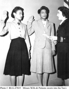 Frances Wills (left) and Harriet Ida Pickens are sworn in by Lt. Rosamond D. Selle, New York City, Nov 1944. In December 1944, they became the Navy’s first African-American WAVES officers. (US National Archives: 80-G-47025)