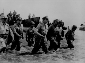 Gen. Douglas MacArthur wading ashore at Leyte, Philippine Islands, 20 October 1944 (US National Archives: 111-SC-407101)
