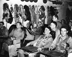 Pilots of US Navy Torpedo Squadron 13 in their ready room aboard carrier Franklin just before the Battle of the Sibuyan Sea during the Battle of Leyte Gulf, 24 Oct 1944 (US National Archives: 80-G-290733)