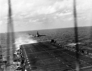 F6F Hellcat fighter landing on light carrier USS Langley after raid on Okinawa, 10 Oct 1944 (US National Archives: 80-G-284074)