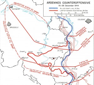 Map noting the objective of and actual ground gained during the German Ardennes Offensive, 16-26 Dec 1944 (US Army)