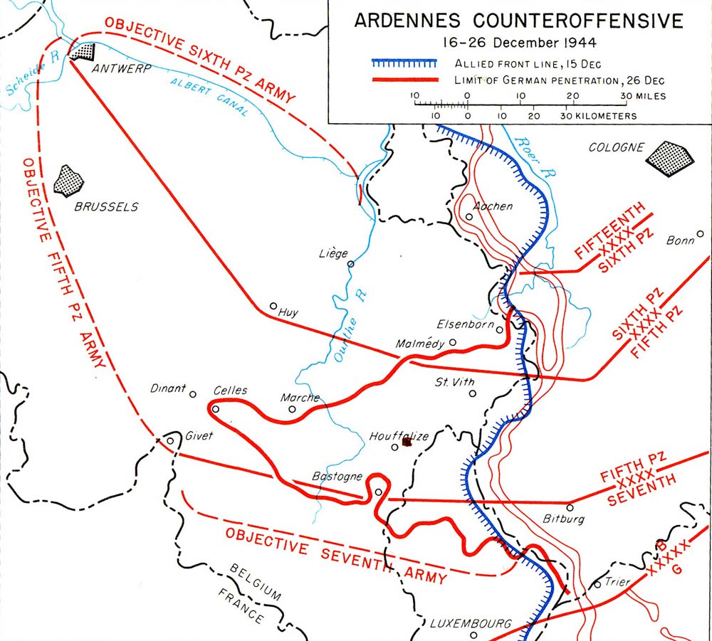 Map noting the objective of and actual ground gained during the German Ardennes Offensive, 16-26 Dec 1944 (US Army)