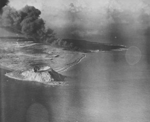 Airfield Number Two burning after American air raid, Iwo Jima, early 1945 (US Naval History and Heritage Command)