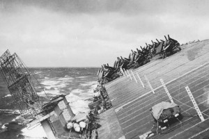 Light carrier USS Cowpens rolling in heavy seas in Typhoon Cobra, 18 Dec 1944 (US Navy photo)