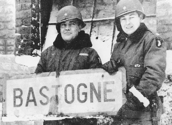 Brig. Gen. Anthony McAuliffe and Lt. Col. Harry Kinnard II at Bastogne, Belgium, late Dec 1944 (US War Dept. photo)