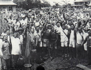 Former Cabanatuan POWs celebrate after successful raid on prison camp, 30 January 1945 (US Army photo)