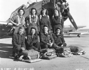 Eight WASP pilots in front of a North American AT-6 Texan a month before the WASPs were disbanded, Waco Army Airfield, Texas, 27 Nov 1944 (US Army Air Force photo)