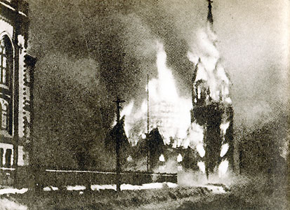 Lutheran church of Sortavala, Finland on fire after Soviet bombing, 2 Feb 1940 (public domain via WW2 Database)
