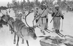 Finnish soldiers on skis with reindeer, near Jäniskoski, Finland, 20 Feb 1940 (public domain via WW2 Database)