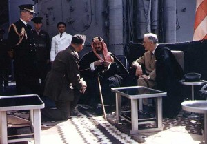 Franklin Roosevelt and King Abdul-Aziz (Ibn Saud) of Saudi Arabia aboard USS Quincy, Great Bitter Lake, Egypt, 14 Feb 1945 (US National Archives: USA C-545)