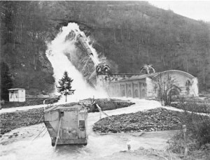 Damage to the Schwammenauel Dam causes flooding of the Roer River, Feb. 1945 (US Army Center of Military History)
