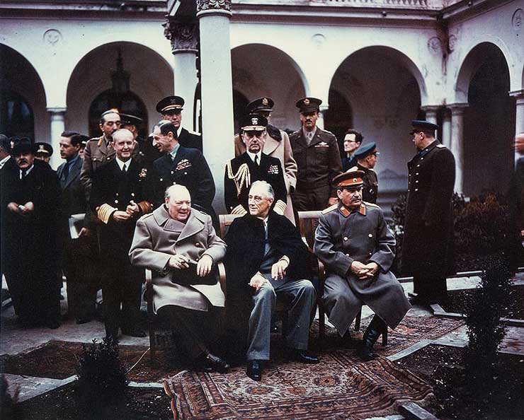 Churchill, Roosevelt, and Stalin at the Livadia Palace in Yalta, USSR (now Ukraine), Feb 1945. (US National Archives: USA C-543)