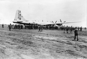 B-29 Superfortress bomber ‘Dinah Might’ after making an emergency landing at Motoyama Airfield No. 1, Iwo Jima, 4 Mar 1945 (US Marine Corps photo: 112392)