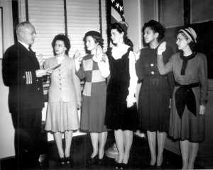US Navy Cdr. Thomas Gaylord administering oath to nurses commissioned in New York, 8 Mar 1945; Phyllis Mae Daley, US Navy’s first African-American nurse, second from right. (US National Archives: 80-G-4836)