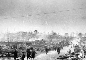 Tokyo, Japan in ruins after aerial bombing, circa 10 Mar 1945 (Photographer: Kouyou Ishikawa; public domain via WW2 Database)