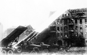 Soviet BM-13 Katyusha rocket launchers firing on Berlin, Germany, Apr 1945 (public domain, Russian Archives)
