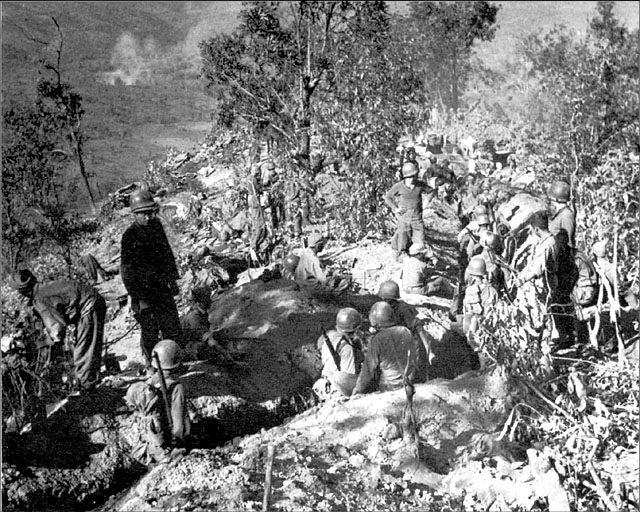 Men of US Mars Task Force on Loi-Kang Ridge, Burma, 475th Infantry, 19 January 1945. (US Army Center of Military History)