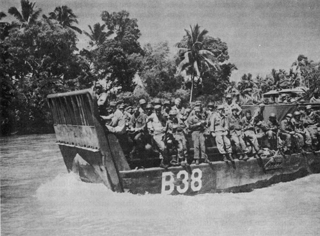 US LCM carrying troops, Mindanao River, 1945 (US Army Center of Military History)