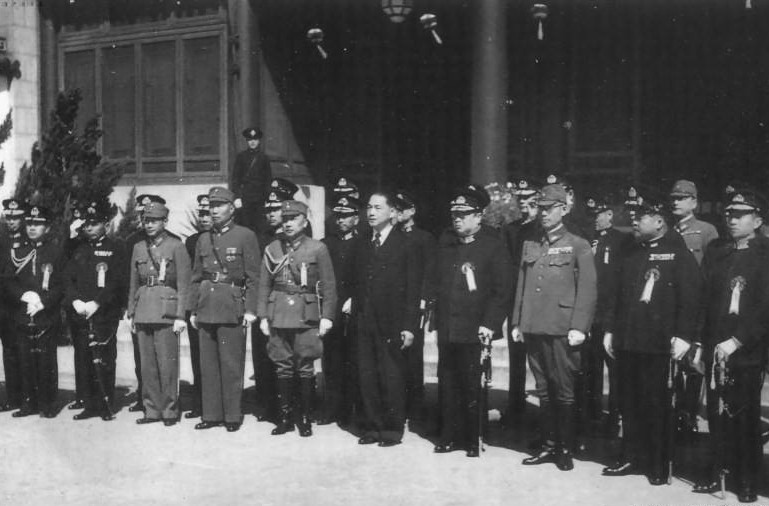 Wang Jingwei and military officers at the ceremony establishing a Japanese government in Nanjing, China, 30 Mar 1940 (public domain via WW2 Database)