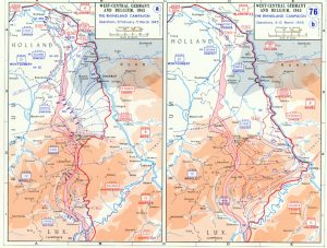 Map depicting the Allied advance to the Rhine River in West-Central Germany and Belgium, 8 Feb-10 Mar 1945 (US Military Academy)