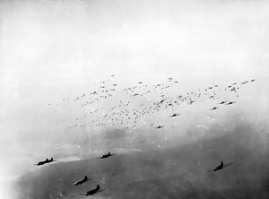C-47 transports releasing hundreds of paratroopers and their supplies over the Rees-Wesel region, Germany during Operation Varsity, 24 Mar 1945 (Imperial War Museum: 4700-06 EA 59364A)